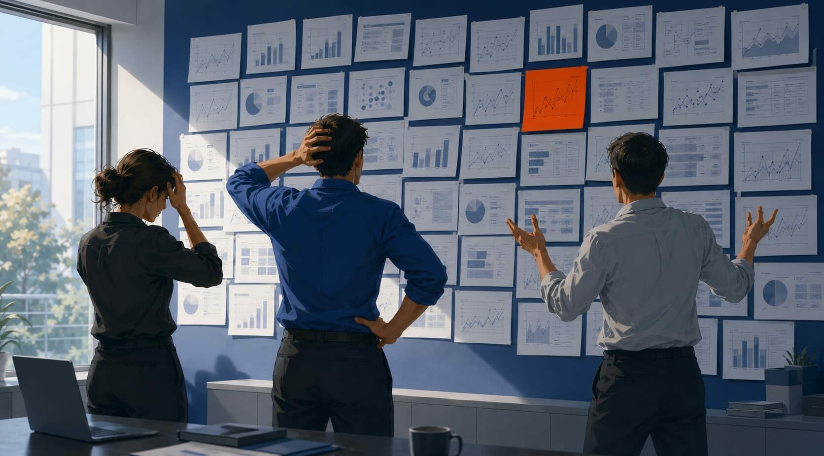 three people looking at wall of graphs confused
